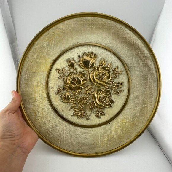 Vintage Brass Tone Roses‎ & Beige Enamel Wall Hangng Made in England 12" - Picture 6 of 7
